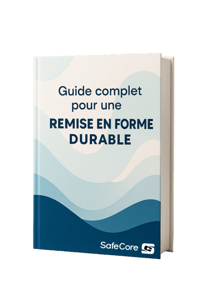 Couverture du guide SafeCore intitulé "Remise en forme durable", avec un design épuré en bleu et blanc, symbolisant l'équilibre et la clarté du programme.